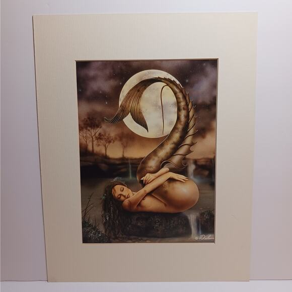 RARE David Delamare "Bathing in Moonlight" Mermaid Matted Print 11x14 inch NEW